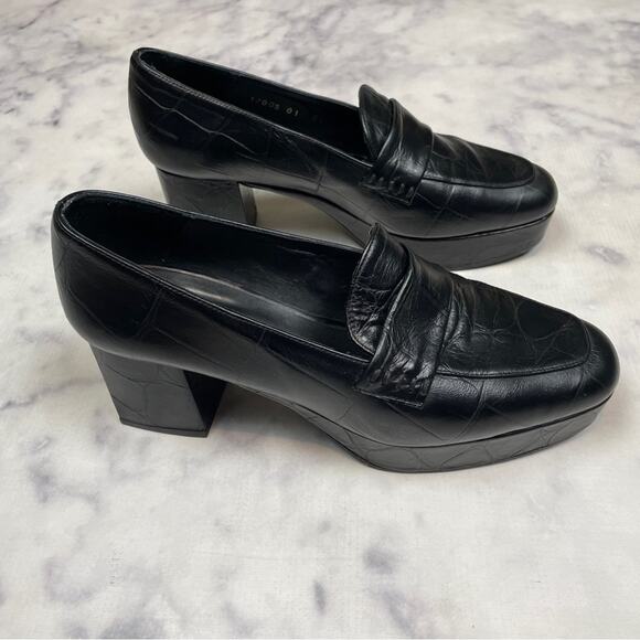 Freda Salvador Florence Black Croc Embossed Leather Platform Block Heel Loafers - Picture 2 of 11